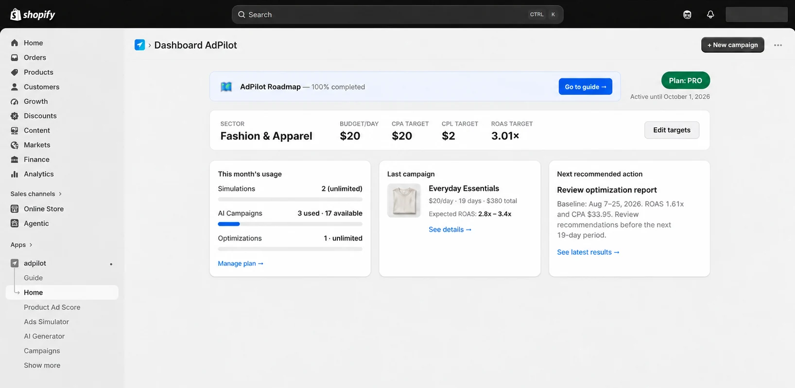 AdPilot dashboard inside the Shopify admin before the plan, recommending a review of the optimisation report with baseline ROAS 1.61x and CPA $33.95.